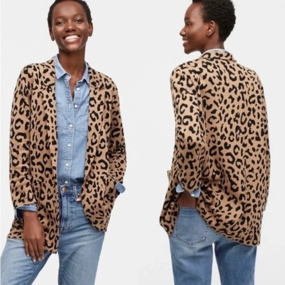 J.Crew | Sophie Open Front Merino Wool Blend Sweater Blazer in Leopard - Size S - Picture 1 of 10